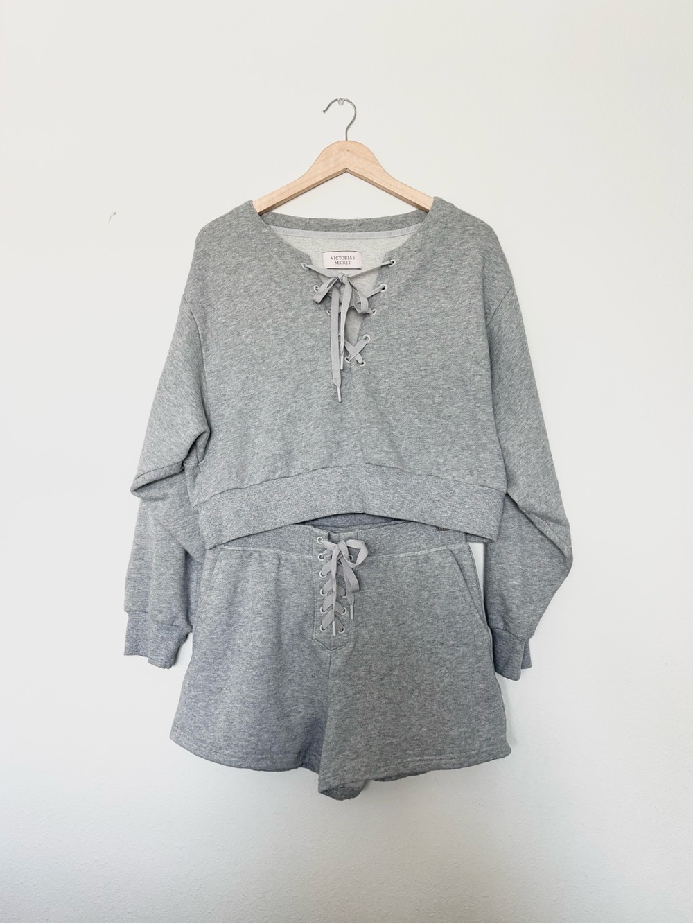 Victoria's Secret Gray Lace-Up Cropped Sweatshirt & Shorts Set